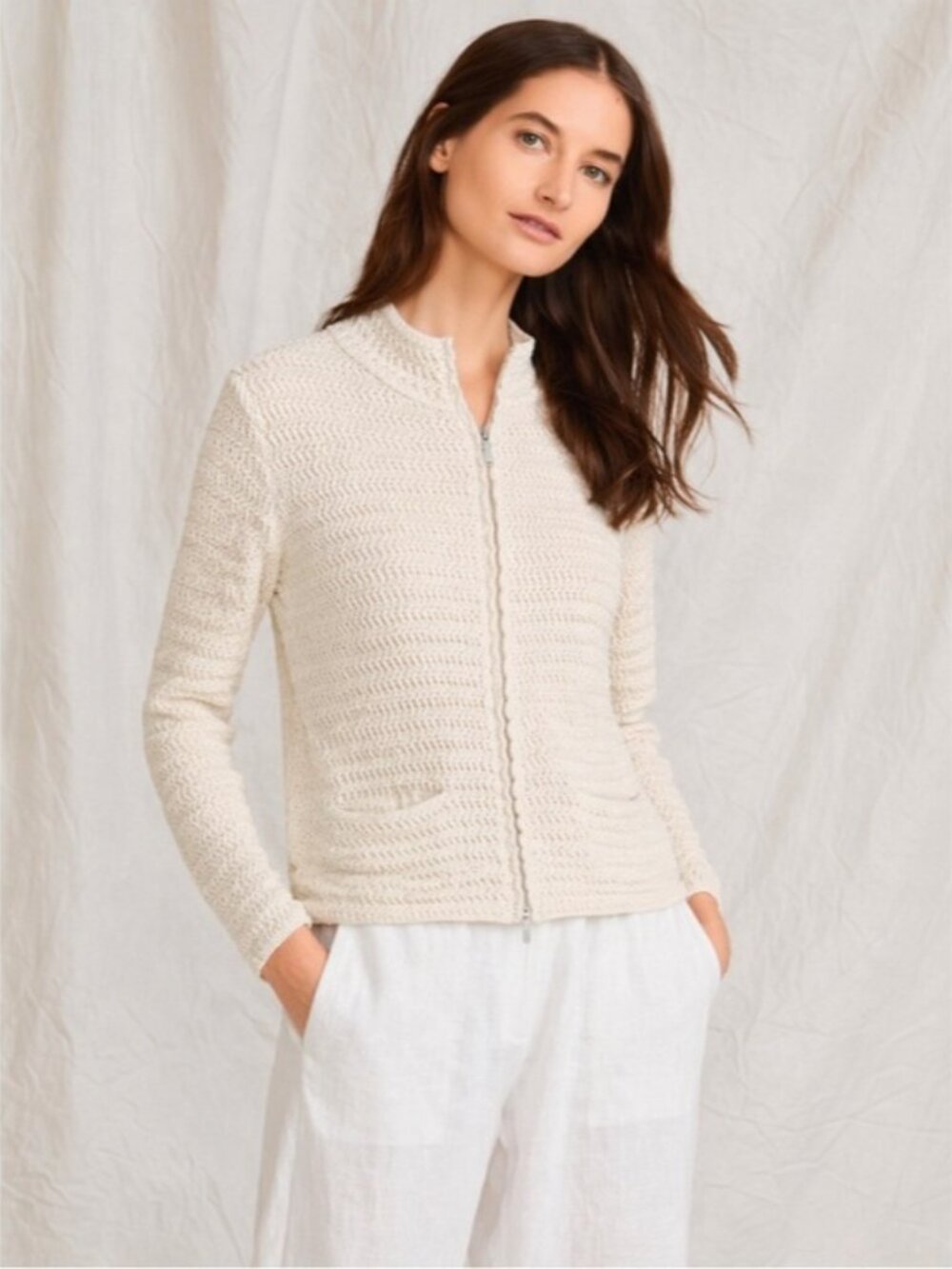 Eileen Fisher Petite White Cream woven Full Zip Front sweate WOOL COTTON medium